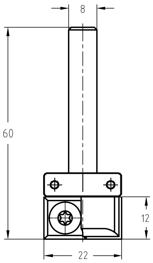 Technische Maßzeichnung des JSO Wendeplatten-Bündigfräsers mit Angaben für Durchmesser (22 mm), Nutzlänge (12 mm) und Gesamtlänge (60 mm).