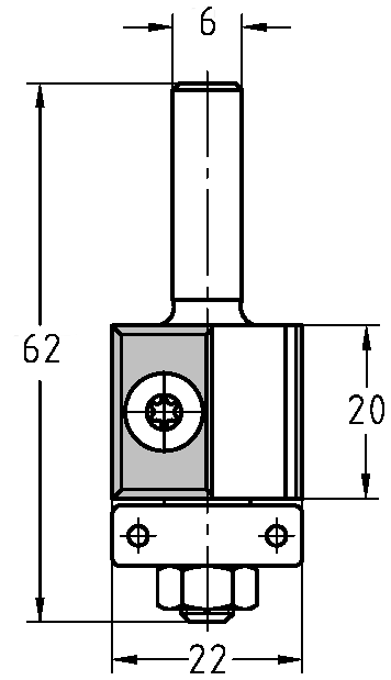 Technische Zeichnung JSO Wendeplatten-Bündigfräser Ø 22mm NL 20mm S6 GL 62mm – Maße für Kantenfräser