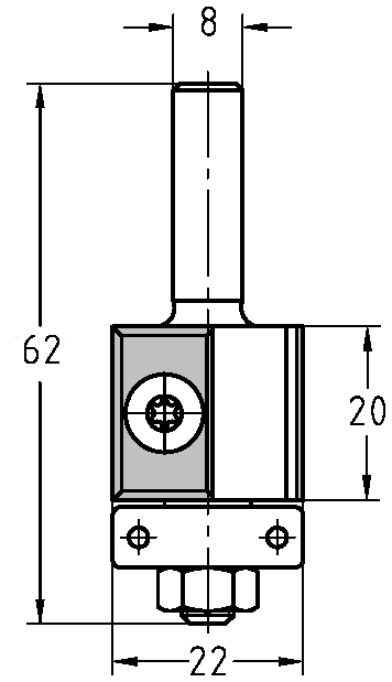 Technische Zeichnung JSO Wendeplatten-Bündigfräser Ø 22mm NL 20mm S8 GL 62mm – Maße für Kantenbearbeitung