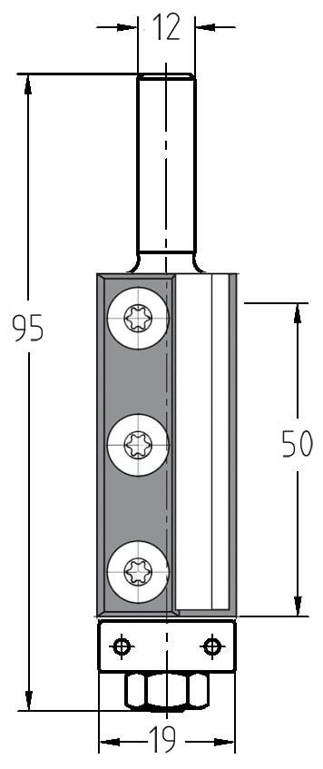 Technische Zeichnung JSO Wendeplatten-Bündigfräser Ø 19mm NL 50mm S12 GL 95mm – Maße für Profis