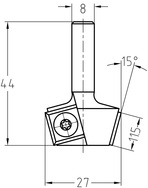 Maßzeichnung JSO 15° Fasefräser: Durchmesser 27 mm, Nutzlänge 11,5 mm, Gesamtlänge 44 mm, Schaft 8 mm.