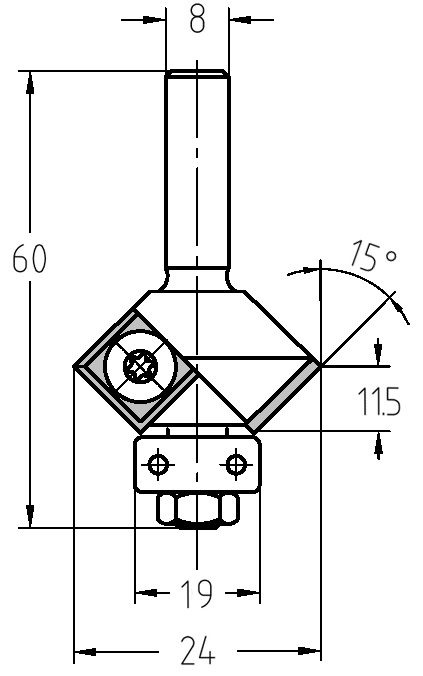 Maßzeichnung Wendeplatten-Fasefräser 15°: Durchmesser 24 mm, Nutzlänge 11,5 mm, Anlauflager-Durchmesser 19 mm.