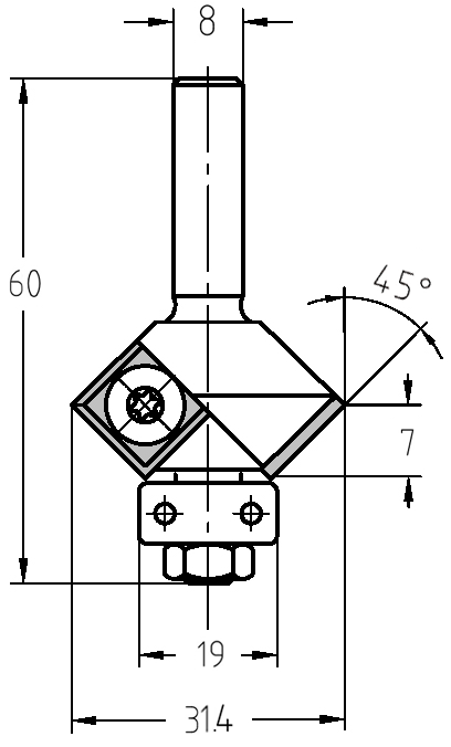 Maßzeichnung JSO Fasefräser 45°: Durchmesser 31,4 mm, Nutzlänge 7 mm, Lager 19 mm.