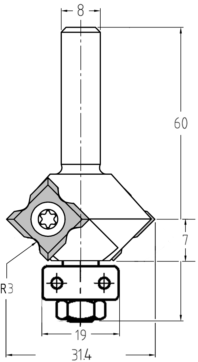 Maßzeichnung JSO Abrundfräser Radius 3 mm: Durchmesser 31,4 mm, Nutzlänge 7 mm, Lager 19 mm.