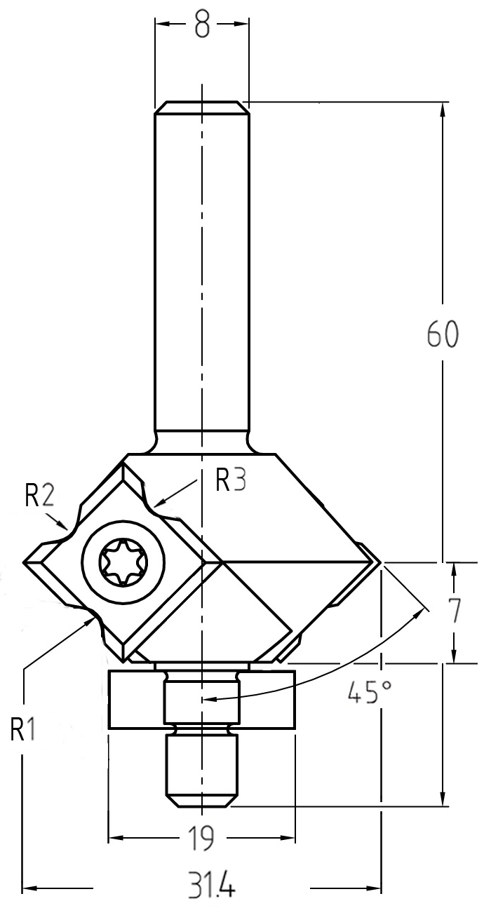 Maßzeichnung JSO Kombifräser 45 Grad / Radius: Durchmesser 31,4 mm, Nutzlänge 7 mm, Lager 19 mm.