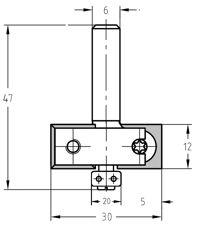 Technische Maßzeichnung des WP-Falzfräsers Ø 30 mm mit Anlauflager, T 5 mm, S6.