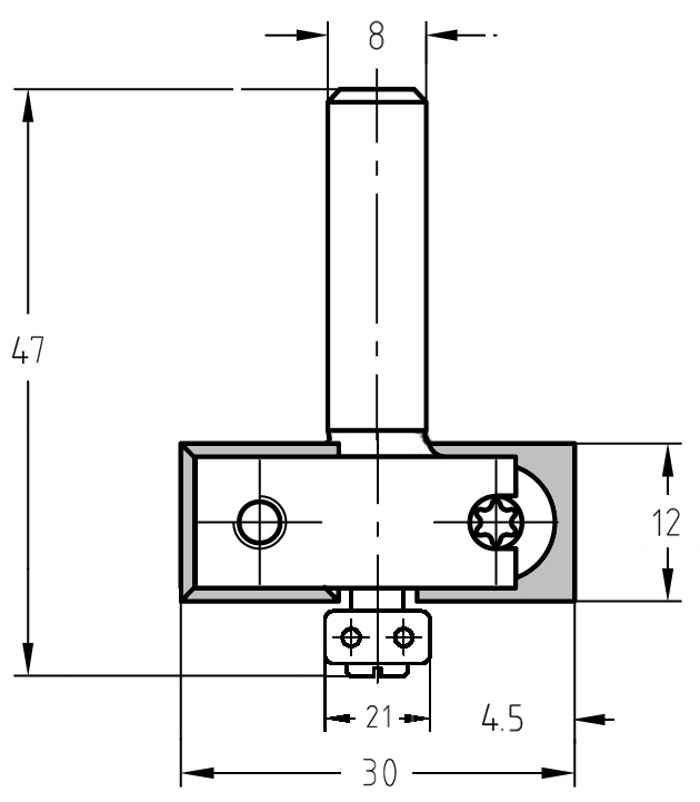 Technische Maßzeichnung des JSO WP-Falzfräsers mit Anlauflager, T 4,5 mm, Schaft 8 mm.