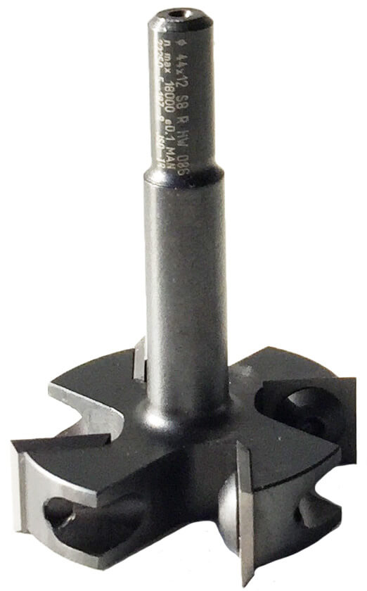JSO Wendeplatten-Schlosskastenfräser HW mit Durchmesser 44 mm, vier austauschbaren Hartmetall-Schneidplatten (Z=4) und einem präzisionsgeschliffenen 8 mm Schaft.