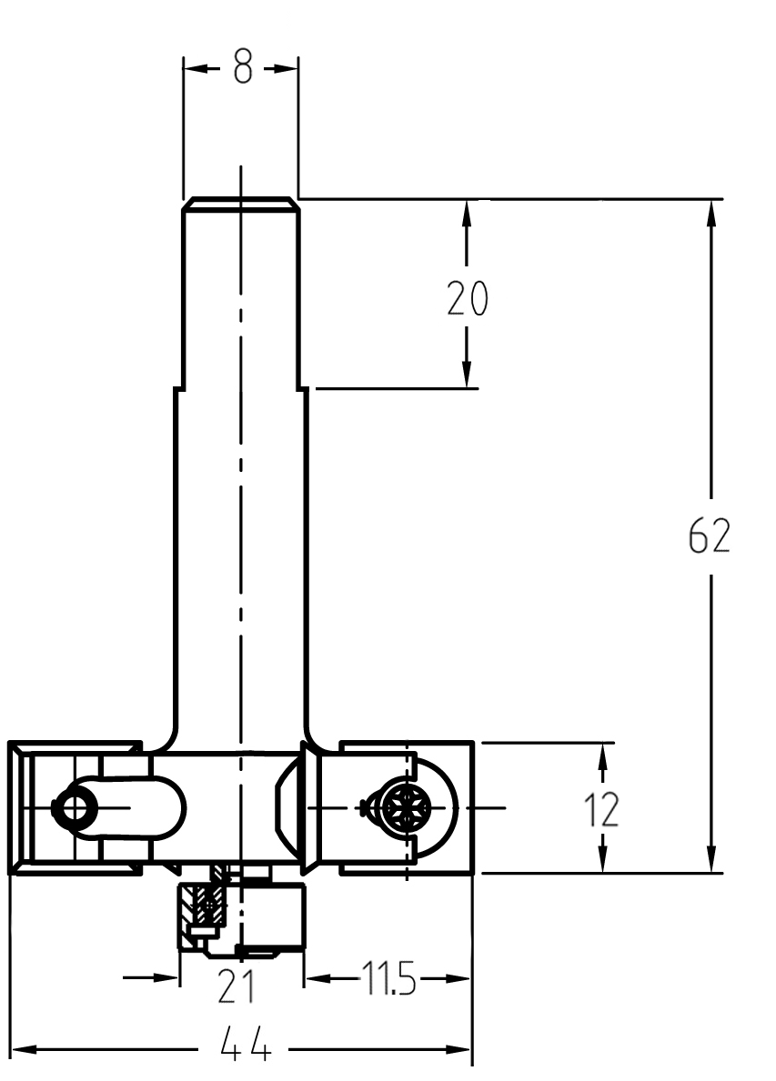 Technische Maßzeichnung des JSO Falzfräsers mit Z=4 Geometrie und genauen Angaben für Durchmesser (44 mm), Falztiefe (11,5 mm) und Gesamtlänge (62 mm).