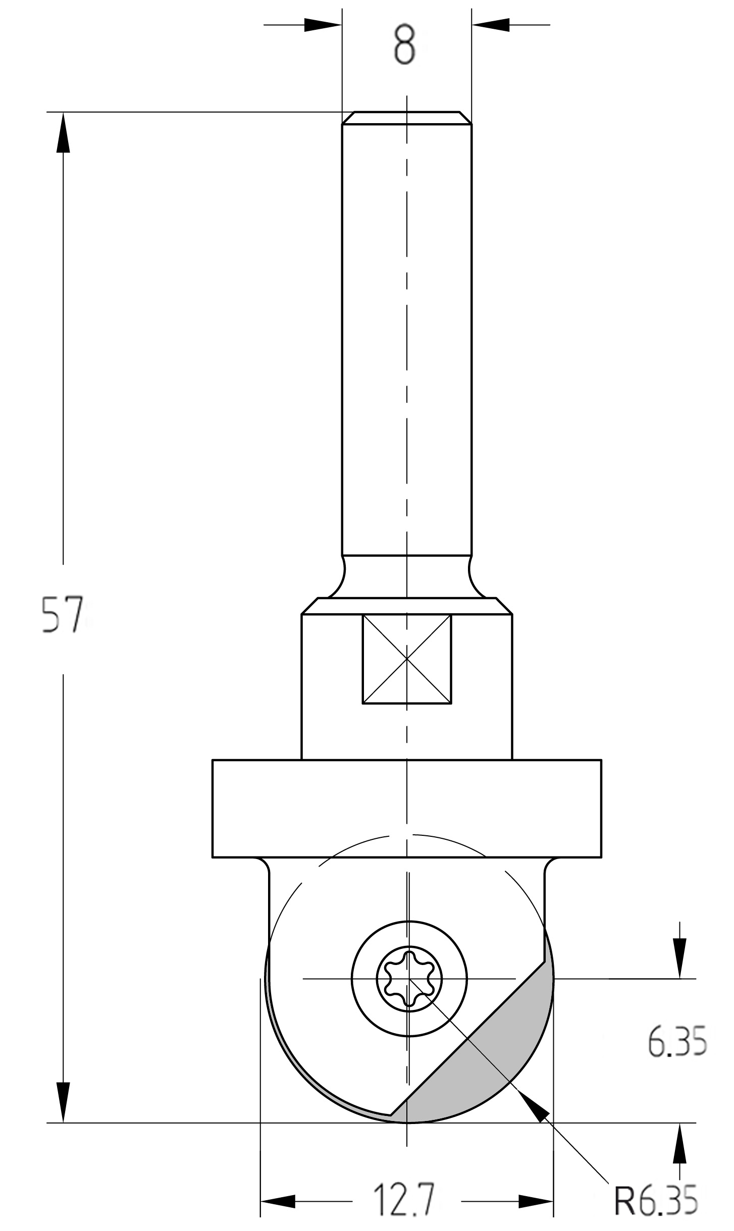 Maßzeichnung des Wendeplatten-Hohlkehlfräsers: R 6,35 mm, Durchmesser 12,7 mm, Nutzlänge 6,35 mm, Gesamtlänge 57 mm.