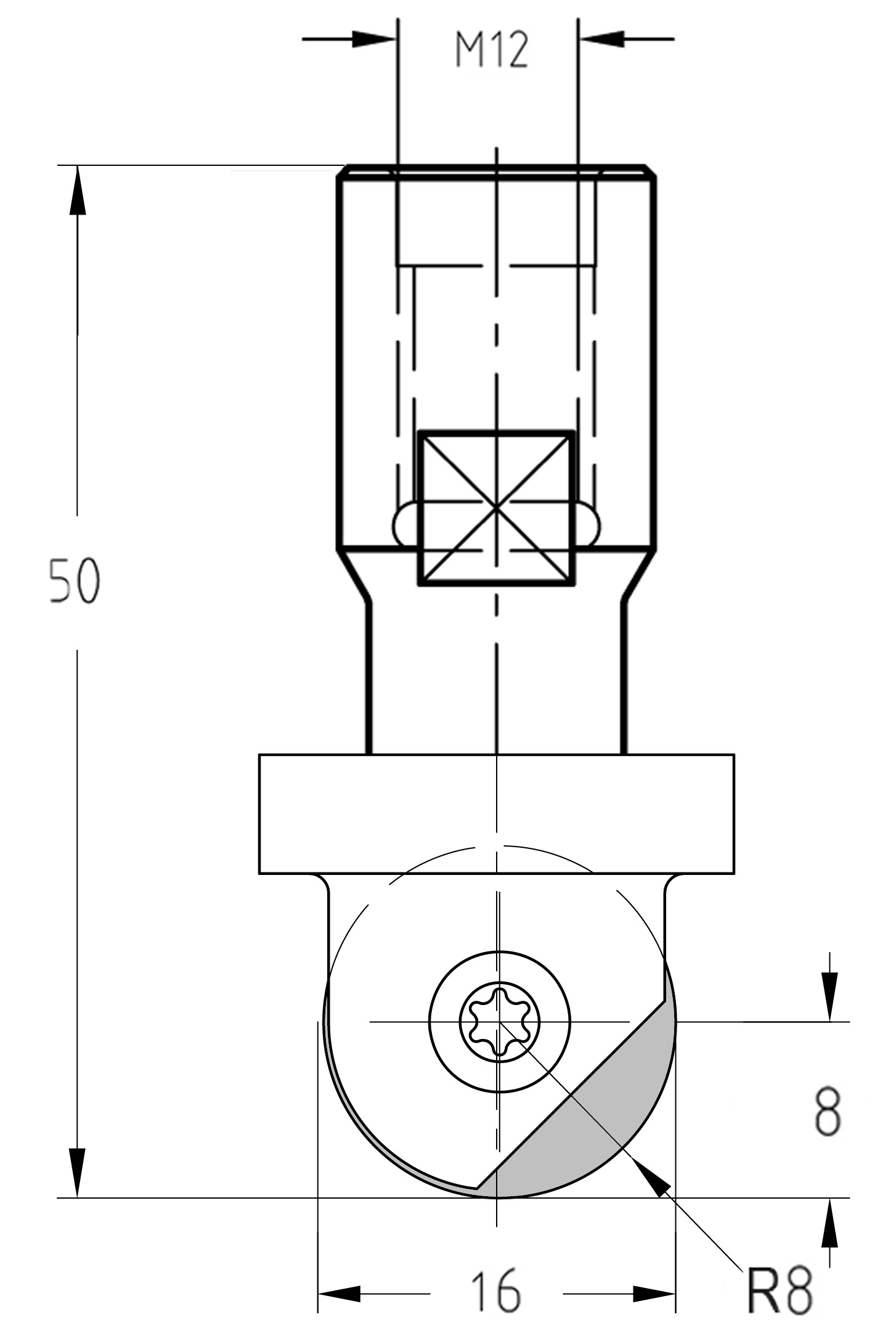 Maßzeichnung des Wendeplatten-Hohlkehlfräsers: R 8 mm, Durchmesser 16 mm, Nutzlänge 8 mm, M12-Anschluss.