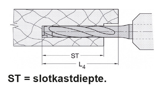 Vibrationsfreier JSO 16 mm Wendeplatten-Schlosskastenfräser mit Schwermetall-Body und Schaft 20 mm im CNC-Einsatz beim tiefen, spänestaufreien Ausfräsen einer Schlosskastentasche mit kurzen Mikro-Spänen im Holzfräsershop.
