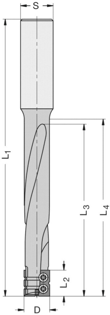 Technische Maßzeichnung des JSO HW Wendeplatten-Schlosskastenfräsers mit Darstellung der Spiralspurführung, integrierten Spanbrechern, Durchmesser 16 mm, Nutzlänge 105 mm, Schaft 16 mm und Gesamtlänge 170 mm.