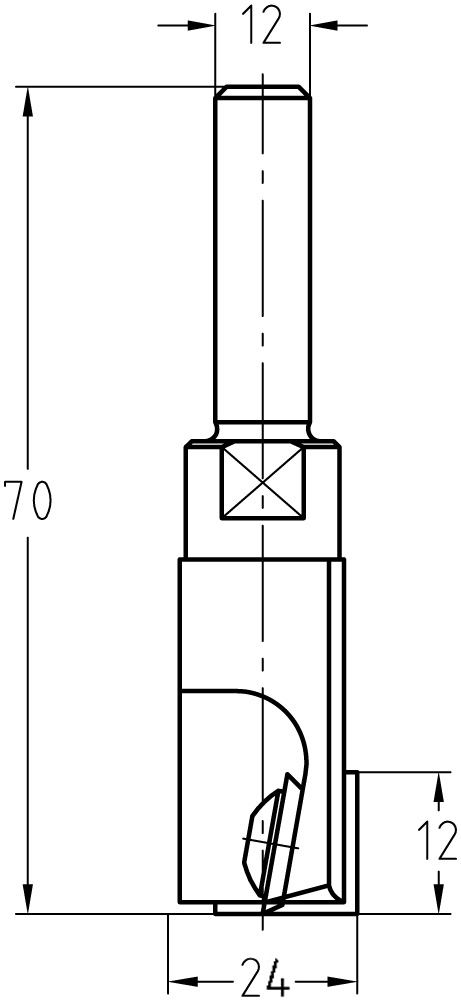Technische Zeichnung JSO Wendeplatten-Nutfräser HW Ø 24 mm NL 12 mm Schaft 12 mm GL 70 mm – Maße für breite Planfräsungen und Taschen