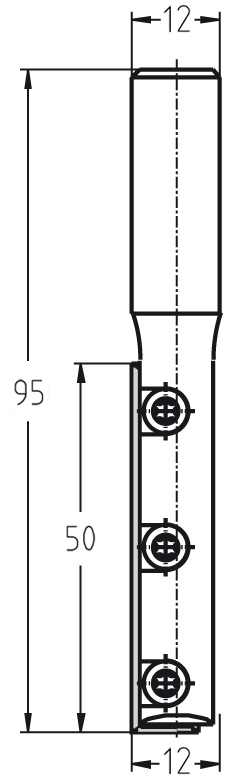 Technische Zeichnung JSO Wendeplatten-Nutfräser HW Ø 12 mm NL 50 mm Schaft 12 mm GL 95 mm – Maße für tiefe Schlitze und Nuten