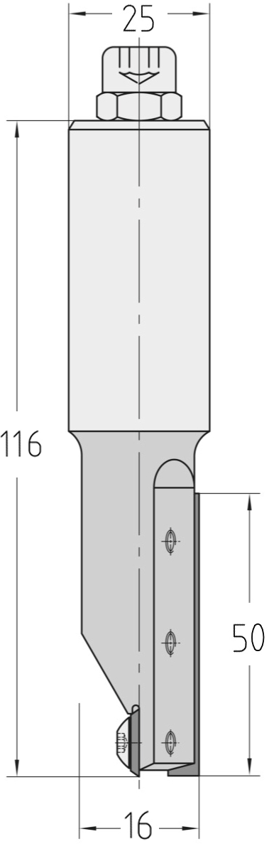 Technische Maßzeichnung des JSO CNC-Wendeplatten-Nutfräsers mit exakten Bemaßungen für Durchmesser 16 mm, verlängerte Nutzlänge 50 mm, Schaft 25 mm und Gesamtlänge 116 mm.