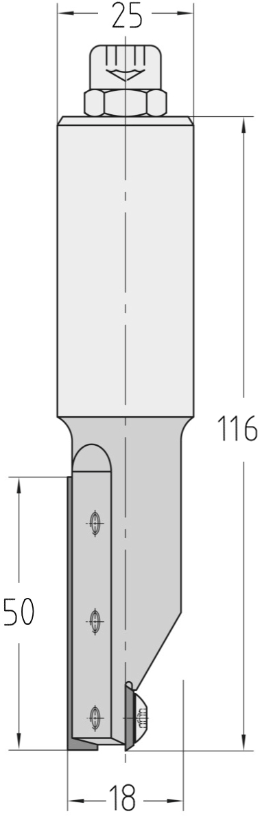 Technische Maßzeichnung des linksdrehenden JSO CNC-Wendeplatten-Nutfräsers mit exakten Bemaßungen für Durchmesser 18 mm, verlängerte Nutzlänge 50 mm, Schaft 25 mm und Gesamtlänge 116 mm.