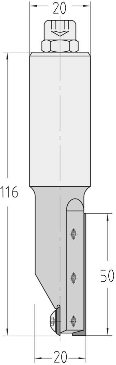 Technische Maßzeichnung des JSO CNC-Wendeplatten-Nutfräsers mit exakten Bemaßungen für Durchmesser 20 mm, Nutzlänge 50 mm, Schaft 20 mm und Gesamtlänge 116 mm.