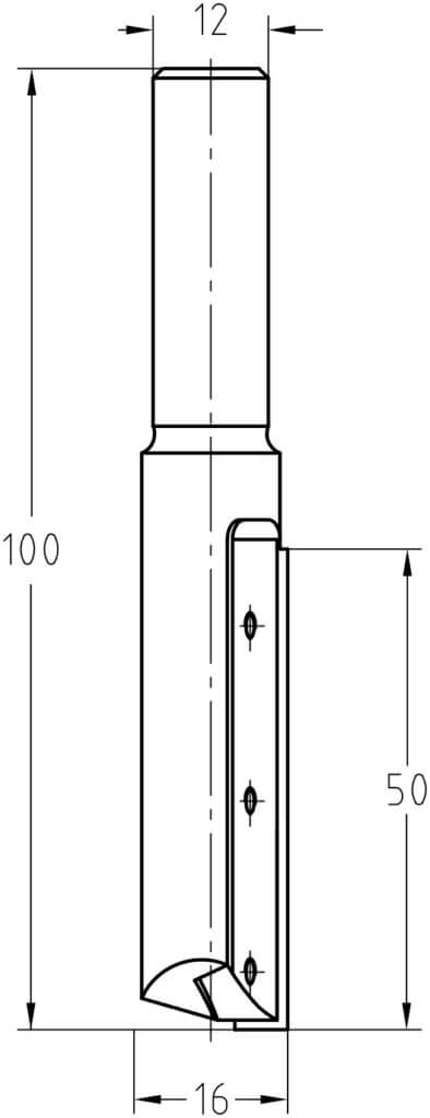 Technische Zeichnung JSO Wendeplatten-Nutfräser Ø 16mm NL 50mm S12 – Maße für tiefe Fräsarbeiten