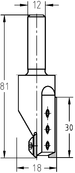 Technische Zeichnung JSO Wendeplatten-Nutfräser HW Ø 18 mm NL 30 mm Schaft 12 mm GL 81 mm – Maße für breite industrielle Nutungen