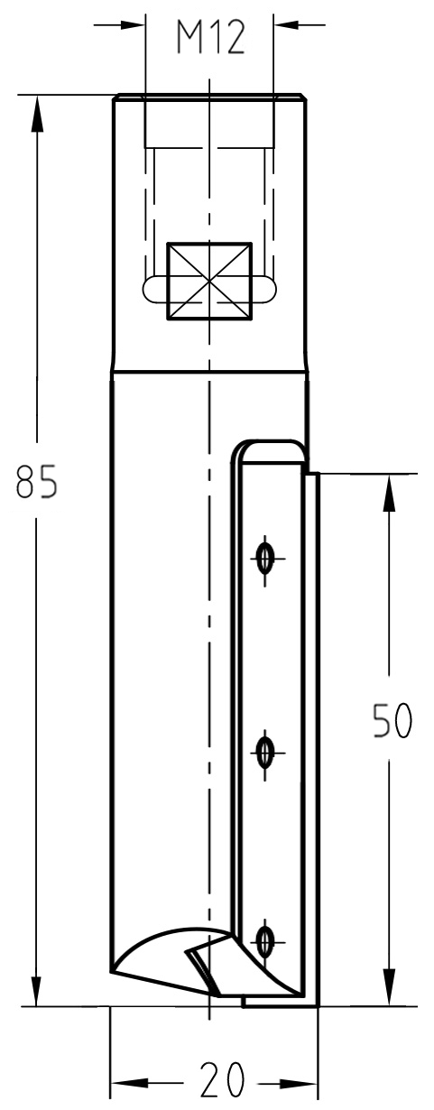 Technische Zeichnung JSO Wendeplatten-Nutfräser HW Ø 20 mm NL 50 mm Innengewinde M12 GL 85 mm – Maße für tiefe Plan- und Nutfräsungen auf M12-Gewindedornen