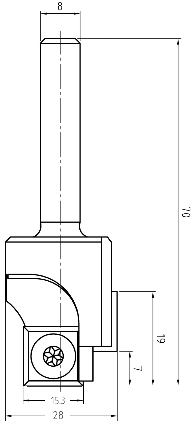 Technische Maßzeichnung des JSO Stufenfräsers mit detaillierten Angaben für die Durchmesser (28/15,3 mm), Nutzlängen (19/7 mm) und die Gesamtlänge (70 mm).