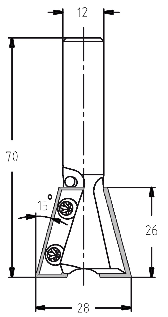 Technische Maßzeichnung des JSO Schwalbenschwanzfräsers ohne Vorschneider mit Angaben für Durchmesser 28 mm, Nutzlänge 26 mm, Winkel 15° und Gesamtlänge 70 mm.