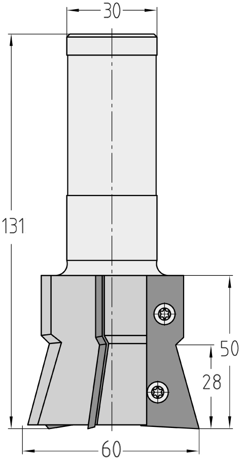 Technische Maßzeichnung des JSO HW Schwalbenschwanzfräsers für Rechtslauf mit Kennzeichnung von Durchmesser 60 mm, großer Nutzlänge 50 mm, Schaft 30 mm und Gesamtlänge 131 mm sowie Darstellung der zweischneidigen (Z=2) Messer-Typ Anordnung.