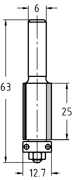 Technische Zeichnung JSO Bündigfräser HW Ø 12,7 mm NL 25 mm Schaft 6 mm stirnseitiges Kugellager GL 63 mm – Maße für präzises Bündigfräsen nach Schablone