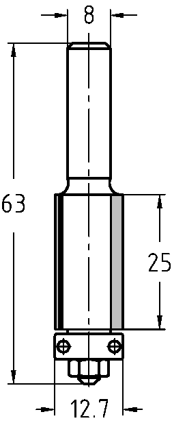 Technische Zeichnung JSO Bündigfräser HW Ø 12,7 mm NL 25 mm Schaft 8 mm stirnseitiges Kugellager GL 63 mm – Maße für stabiles Bündigfräsen von Kanten und Schablonen