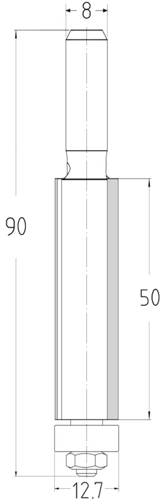 Technische Zeichnung des JSO HW Bündigfräsers Ø 12,7mm, Nutzlänge 50mm, Schaft 8mm und GL 90mm.