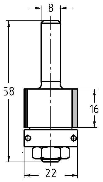 Technische Zeichnung JSO Bündigfräser Ø 22mm NL 16mm S8 – Maße für präzises Kantenfräsen