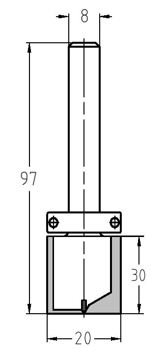 Technische Maßzeichnung des langen JSO Bündigfräsers mit genauen Angaben für Durchmesser (20 mm), Nutzlänge (30 mm) und die Gesamtlänge (97 mm).