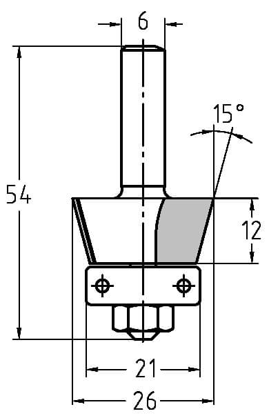 Technische Maßzeichnung des 15-Grad-Fasenfräswerkzeugs mit Maßangaben für Durchmesser (26 mm), Nutzlänge (12 mm) und das 21 mm Anlauflager.