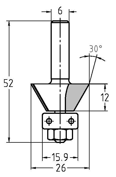 Technische Maßzeichnung des 30-Grad-Fasenfräswerkzeugs mit Maßangaben für Durchmesser (26 mm), Nutzlänge (12 mm) und das 15,9 mm Anlauflager.