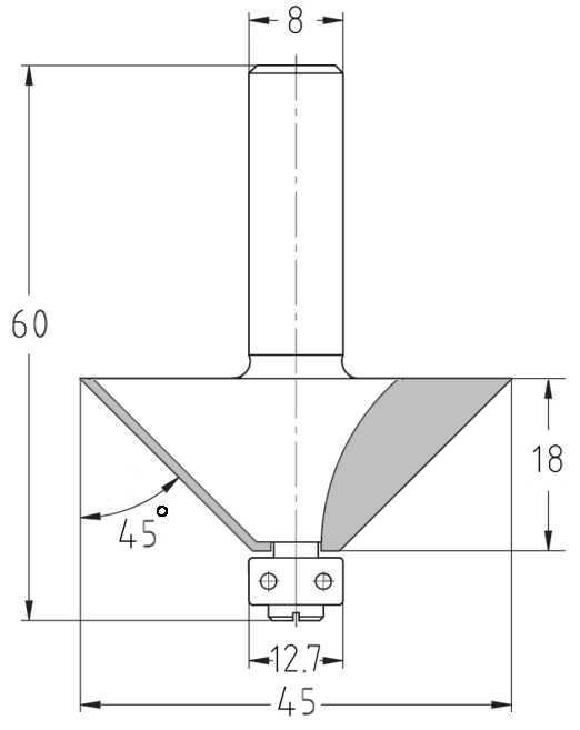 Technische Maßzeichnung des 45-Grad-Fasenfräswerkzeugs von AKE mit genauen Angaben für Durchmesser (45 mm), Nutzlänge (18 mm) und Gesamtlänge (60 mm).