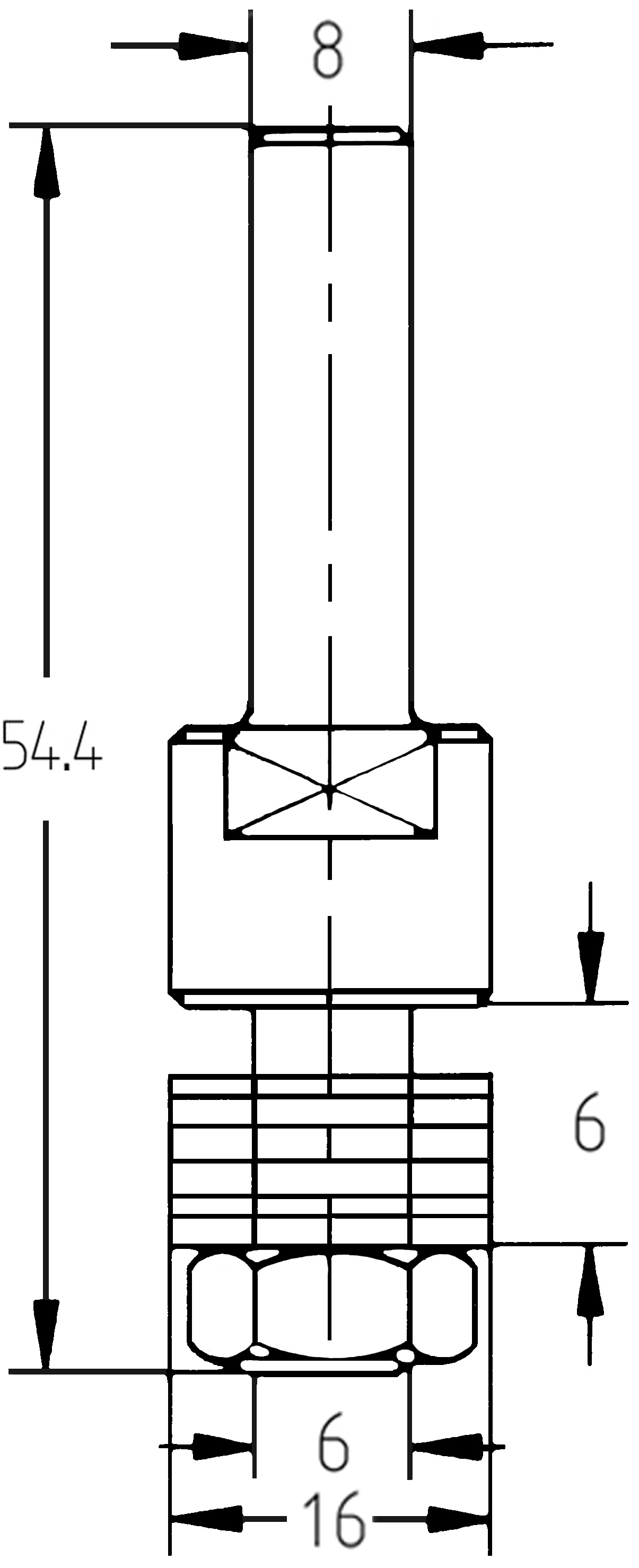 Technische Maßzeichnung der JSO Frässpindel mit genauen Abmessungen für Schaftdurchmesser, Dorndurchmesser (6 mm) und Gesamtlänge (54,4 mm).