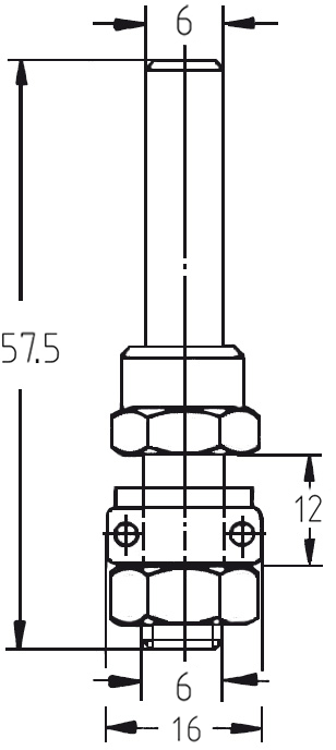 Technische Maßzeichnung der JSO Frässpindel mit Anlauflager und genauen Abmessungen für Schaft (6 mm), Nutzlänge (12 mm) und Gesamtlänge (57,5 mm).