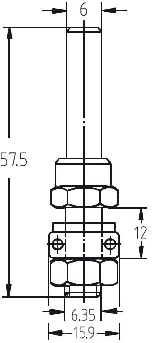 Technische Maßzeichnung der JSO Frässpindel mit Anlauflager und genauen Abmessungen für Schaft (6 mm), Nutzlänge (12 mm) und Gesamtlänge (57,5 mm).