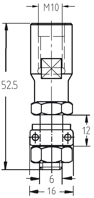 Technische Maßzeichnung der JSO Frässpindel mit M10 Innengewinde und genauen Abmessungen für Gewindeanschluss, Nutzlänge (12 mm) und Gesamtlänge (52,5 mm).
