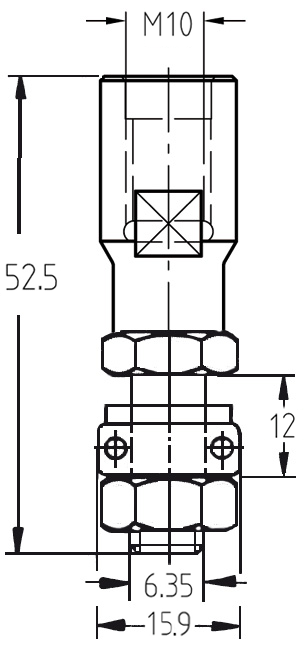 Technische Maßzeichnung der JSO Frässpindel mit M10 Innengewinde und genauen Abmessungen für Gewindeanschluss, Nutzlänge (12 mm) und Gesamtlänge (52,5 mm).