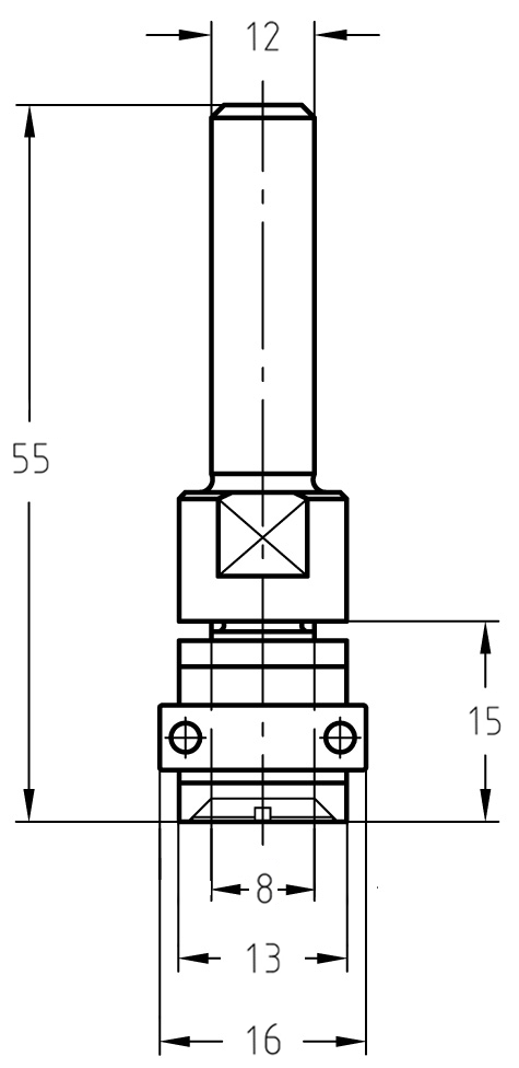 Technische Maßzeichnung des Aufnahmedorns: Details zu Schaft 12 mm, Dornlänge 15 mm, 13 mm Durchmesser und 16 mm Lager.