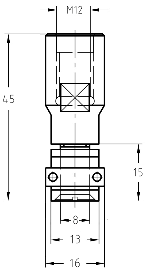 Technische Maßzeichnung: Details zum M12 Innengewinde, der 15 mm Dornlänge, 13 mm Durchmesser und dem 16 mm Lager.