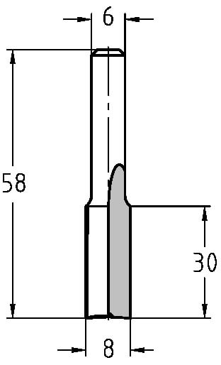 Technische Zeichnung: HW Nutfräser Ø 8 mm, NL 30 mm, S 6 mm, GL 58 mm Maße