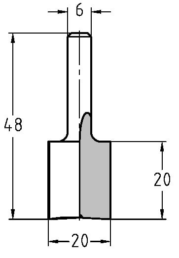 Technische Zeichnung: HW Nutfräser Ø 20 mm, Schnittlänge 20 mm, S 6 mm, GL 48 mm