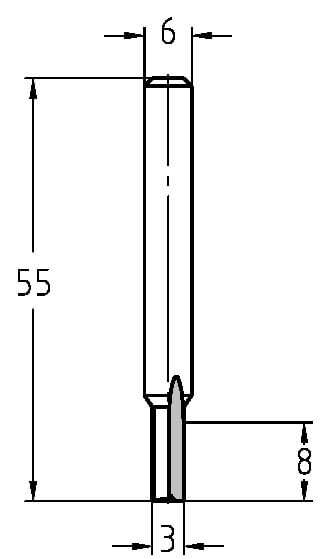 Maßskizze: VHW Nutfräser Ø 3 mm x 8 mm mit extra langer Gesamtlänge von 55 mm