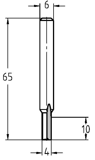 Technische Zeichnung: VHW Nutfräser Ø 4 mm, NL 10 mm, S 6 mm, GL 65 mm Maße