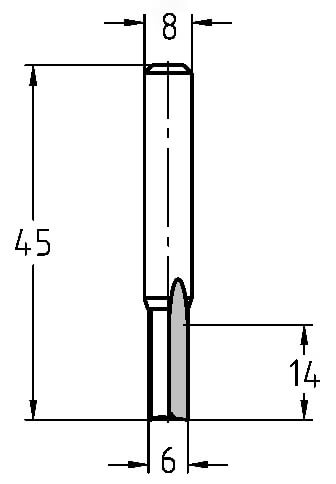 Technische Maßzeichnung des JSO HW-Nutfräswerkzeugs mit exakten Abmessungen für Durchmesser (6 mm), Nutzlänge (14 mm) und Gesamtlänge (45 mm).