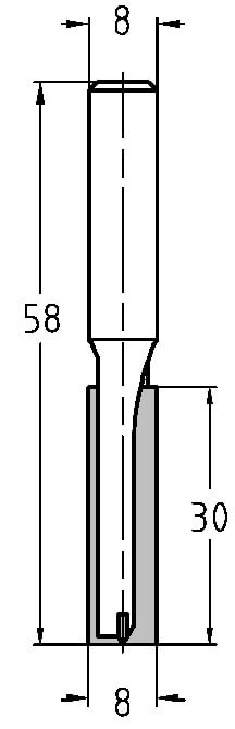 Technische Maßzeichnung des JSO HW-Nutfräswerkzeugs mit exakten Abmessungen für Durchmesser (8 mm), Nutzlänge (30 mm) und Gesamtlänge (58 mm).