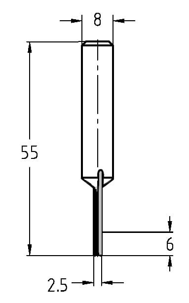 Maßskizze: VHW Nutfräser Ø 2,5 mm, Schnittlänge 6 mm, S 8 mm, Gesamtlänge 55 mm